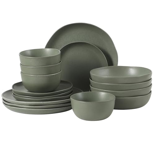 Gibson Elite Menlo Park 16-Piece Pottery Clay Stoneware Dinnerware Set – Green Reactive Glaze, Organic Shape Embossed Plates and Bowls W/Pasta Bowl, Service for 4 – Microwave & Dishwasher Safe - color: Green (Menlo Park), size: Service for 4 (16pcs)