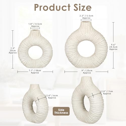 White Donut Vase with Stripes Texture, Modern Abstract Ceramic Vase for Flowers, Clay Pottery with Natural Speckles for Home Living Room Mantel Shelf & Office Table Decor, Boho Style & Set of 2 - style: Long-Neck