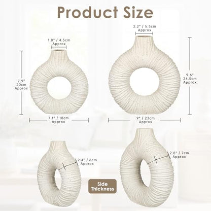 White Donut Vase with Stripes Texture, Modern Abstract Ceramic Vase for Flowers, Clay Pottery with Natural Speckles for Home Living Room Mantel Shelf & Office Table Decor, Boho Style & Set of 2 - style: Long-Neck