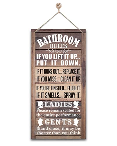 Funny Bathroom Rules Sign - Rustic Bathroom Decor for Farmhouse, Western & Country Bathrooms - Vintage Wooden Wall Art with Humorous Etiquette, Ready to Hang for Guest Bath & Restroom - color: Bathroom08