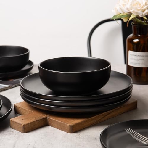 12-Piece Stoneware Dinnerware Set with Mugs | Microwave and Dishwasher Friendly | Stackable Matte Glaze Plates & Bowls | Service for 3 (Black for 4) - color: Black for 4