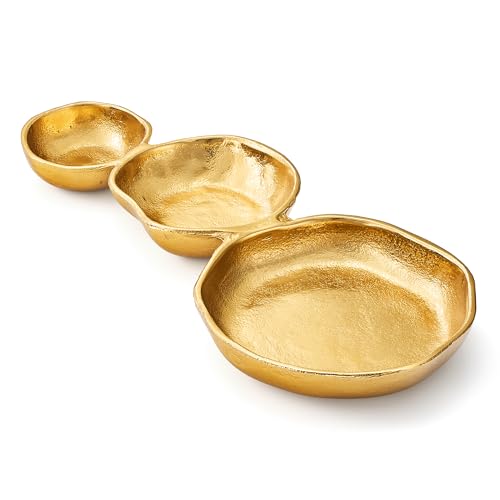3 Cluster Decorative Bowls Gold Hammered Snack Tray Bowl Chip & Dip Serving Piece Strong Brass Centerpiece Beautiful Room Accent & Entertaining Parties Home Decor Wedding Gifts 14 Inch Decorative Gift - color: Gold, style: 3 Bowls