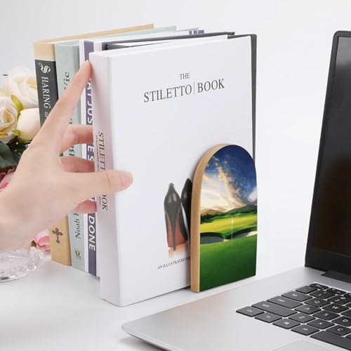 Golf Course Wood Bookends with Metal Base, Decorative Book Holder for Shelves - Wooden Book Ends for Office, Library, Desk & Home Decor