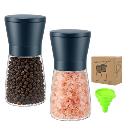 R DRURLCD Stone Blue Salt and Pepper Grinder Set of 2 - Manual Glass & Stainless Steel Mills, Adjustable Coarseness Spice Grinders with Ceramic Blades for Kitchen Decor & Outdoor Use - color: StoneBlue, size: 2PK