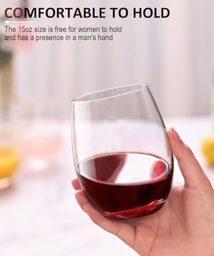 OJA Wine Glasses Set, Crystal Stemless Red Wine Glass, Set of 12, 15 oz | No Stem, Clear, Sturdy Drinking Glass for White Wine, Daily Use, Birthday, Wedding, Home Party, Anniversary, Shower Gift - style: Set of 12-15 oz