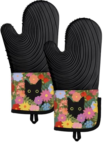 Slohif Long Silicone Oven Mitts Heat Resistant for Women - 2 Pcs Black Cat 100% Cotton Oven Gloves, Non-Slip and Waterproof Silicone Oven Mitts with Hanger for Baking and Cooking - color: Black