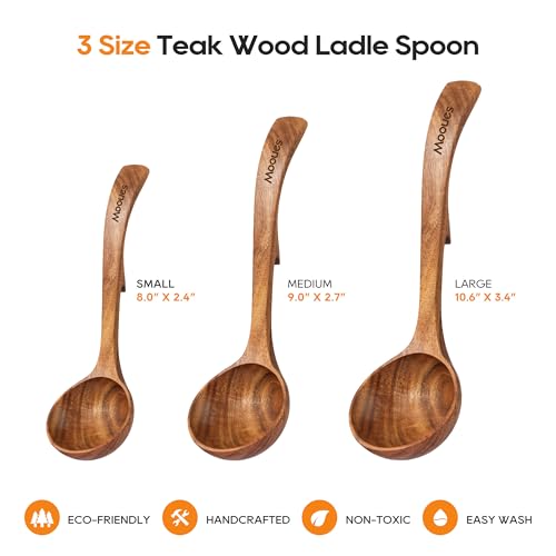 Wooden Ladle for Soup, 3 Size Teak Wood Ladle Spoon with Back Hooks, Heat Resistant Wooden Spoons for Cooking, Non-Stick, Comfortable Grip, Wood Kitchen Utensils Set for Serving, Stirring - size: 3 PCS Set