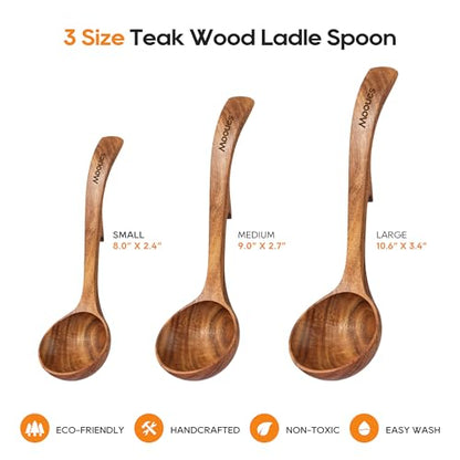 Wooden Ladle for Soup, 3 Size Teak Wood Ladle Spoon with Back Hooks, Heat Resistant Wooden Spoons for Cooking, Non-Stick, Comfortable Grip, Wood Kitchen Utensils Set for Serving, Stirring - size: 3 PCS Set