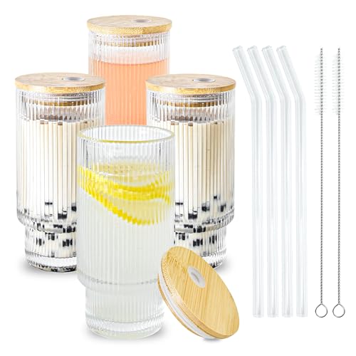 Glass Cups with Lids and Straws 16 oz Ribbed Drinking Glasses Set | Vintage Emboseed Drinking Glasses with Bamboo Lid, Stackable Glassware for Water Cocktails Lemonade Home Kitchen - color: 16oz Ribbed*4, size: 16oz