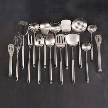 18/10 Stainless Steel Cooking Utensils Set - 16 PCS All Metal Utensils | Kitchen Tools - Whisk, Masher, Fork, Tong, Solid Slotted Spoon, Spatula, Turner, Ladle, Skimmer, Pasta, Small Large Spoon Set - color: 16-Pieces
