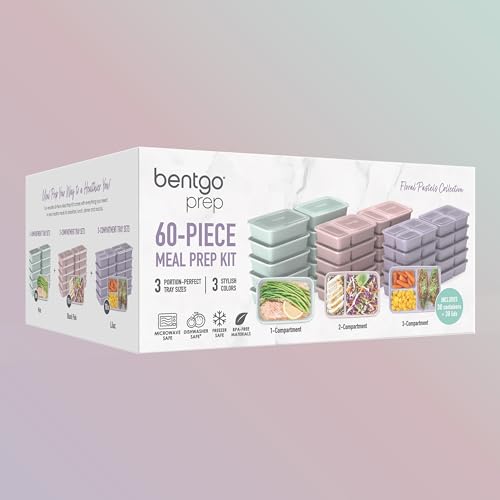 Bentgo Prep Meal Prep Kit, 1, 2 & 3-Compartment Containers, 60 Piece Set | Portion Control, Stackable, Microwave, Freezer & Dishwasher-Safe, Reusable, PFAS & BPA-Free (Floral Pastels) - color: Floral Pastels