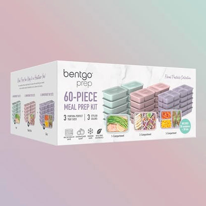 Bentgo Prep Meal Prep Kit, 1, 2 & 3-Compartment Containers, 60 Piece Set | Portion Control, Stackable, Microwave, Freezer & Dishwasher-Safe, Reusable, PFAS & BPA-Free (Floral Pastels) - color: Floral Pastels