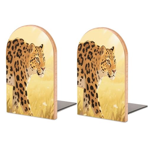 Personalized Wood Book Ends Metal Base Golden Leopard Illustration Printing Bookend Modern Heavy Duty Bookends for Home Or Office 1 Pair - color: Golden Leopard Illustration