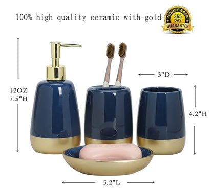 Navy Blue Gold Luxury Bathroom Accessories Set 4 Pieces,Vanity Countertop Ceramic Accessory Set for Bathroom Decor with Soap Dispenser,Toothbrush Holder, Tumbler,Soap Dish (Navy Blue)