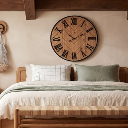 Kenning Farmhouse Wall Clock for Living Room Decor, Rustic 24'' Wall Clock | Large Decorative Wall Clock with Brown Wooden Face & Black Metal Frame, Silent Battery Operated for Kitchen Bedroom Entryway - size: 24 Inch