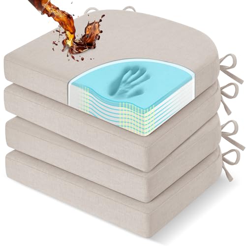 downluxe Chair Cushions for Dining Chairs, Memory Foam Linen Kitchen Chair Pads with Ties, Waterproof, Stain-Resistant and Washable Cover, 17" x 16" x 2.5", Beige, 4 Pack - color: Beige, size: Pack of 4