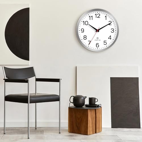 AKCISOT 10 Inch Wall Clock, Silent Battery Operated Analog Clock, Silver | Atomic | Classroom | Kitchen | Office | Easy to Read Numbers | Garage - color: Atomic_silver White, size: 10 Inch