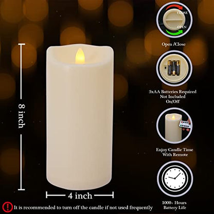 Large Flameless Candles with Remote and Timers Outdoor Waterproof, 8" x 4" Battery Operated Flickering LED Pillar Candles for Outside Lanterns, Ivory Plastic, Long-Lasting ,Set of 2 - color: 2 Pack-D4"x H8"
