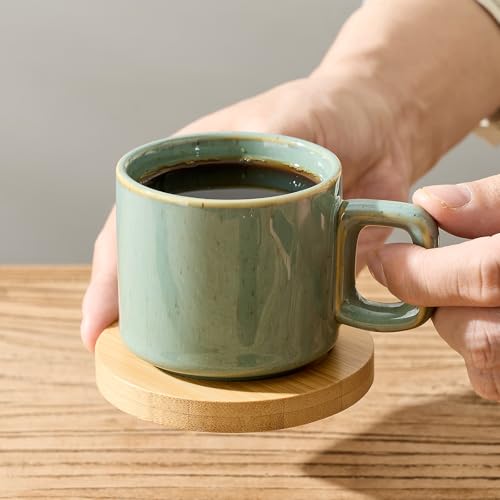 LUKA Porcelain Stackable Espresso Cups with Saucers and Metal Stand, 4 Ounce Small Ceramic Demitasse Cups Set for Latte, Specialty Coffee Drinks, Cafe Mocha,Tea - Set of 4, Wild Sage Earth - color: Wild Sage Earth