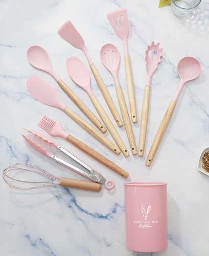 Silicone Cooking Utensils Kitchen Utensil Set - 446°F Heat Resistant Silicone Kitchen Utensils Set, Spatula,Turner Tongs, Spoon, Whisk,Kitchen Gadgets for Nonstick Cookware, BPA Free (Pink) - color: Pink