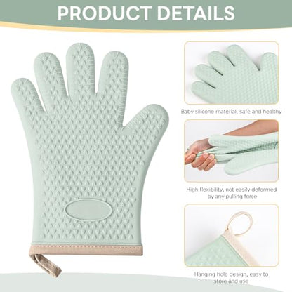 1 Pair Oven Mitts, Heat Resistant Protective Oven Gloves, Cotton Lined Silicone Kitchen Mitts Pair, Nonslip Silicone Cooking Gloves with Fingers (Mint Green) - color: Mint Green