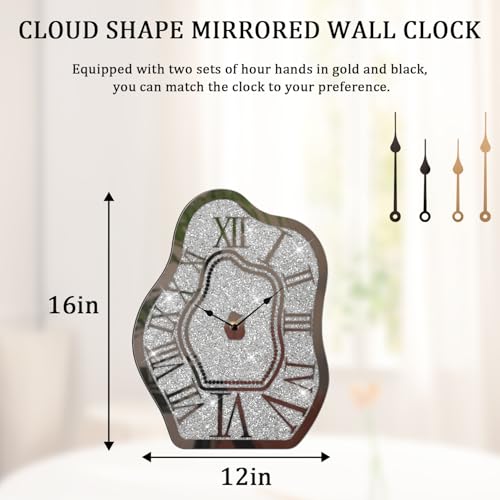 Modern Wall Clock for Living Room Decor Silver Crystal Crush Diamond Mirrored Clocks Irregular Mirror Clock Unique Wall Decorative for Bedroom Kitchen Dining Room - style: Cloud