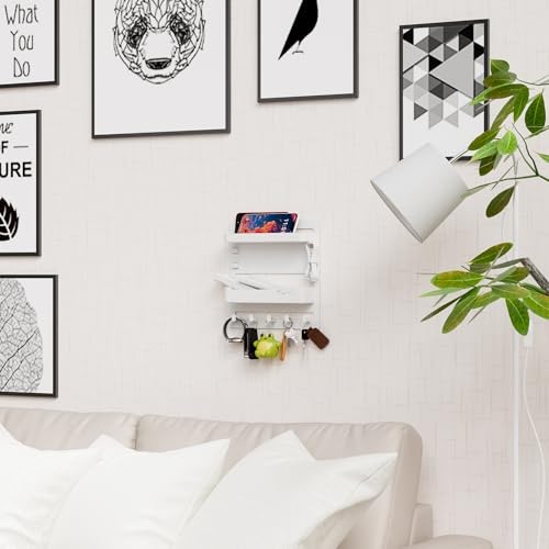 Bedside Wall Organizer for Dorm Bed,Rv,Small Room and Nightstand,Wall Mounted Floating Shelves and Bedside Shelf for Remote,Phone Holder,Charging Shelf,Cute Bedroom Decor for College Girl,White