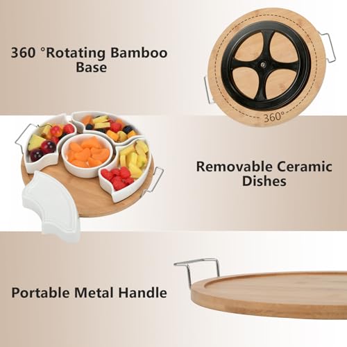 Ceramic Divided Serving Dishes with Bamboo Tray, 11.2 Inch | 360 Rotatable, Appetizer Serving Dish, For Chips & Dip