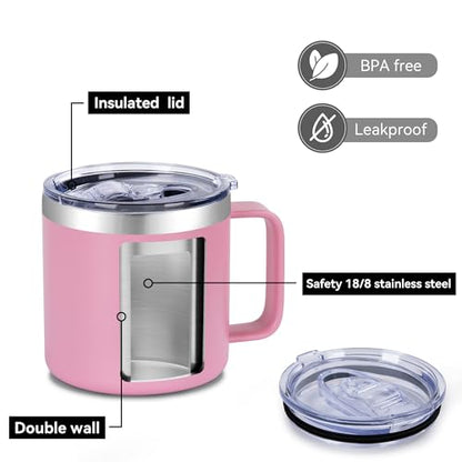 VEGOND 14 oz Insulated Coffee Mug with Handle, Stainless Steel Travel Coffee Mug with Lid, Double Wall Vacuum Metal Coffee Cup, Coffee Tumbler Powder Coated, Pink 1 Pack - color: Pink, size: 14 Ounces