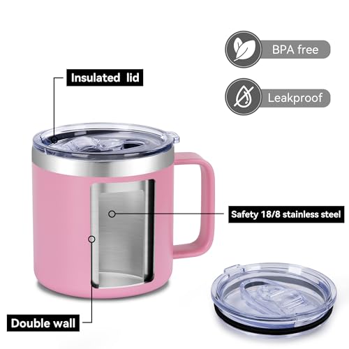 VEGOND 14 oz Insulated Coffee Mug Bulk with Handle, Stainless Steel Travel Coffee Mug with Lid, Double Wall Vacuum Metal Coffee Cup, Coffee Tumbler Powder Coated, Pink 8 Pack - color: Pink, size: 14 Ounces (8 Pack)