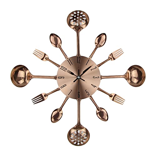 Kitchen Metal Copper Wall Clocks with Spoons and Forks 3D Removable Modern Creative Cutlery Kitchen Spoon Fork Wall Clock for Great Home Decor and Nice Gifts (Copper-40CM) - color: Copper-40cm