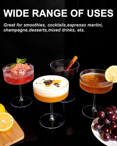 Ciaell 12 Pack Plastic Martini Glasses for Bars Parties | 10 oz Ribbed Coupe Cups, Heavy Duty Plastic, Cocktails Whiskey Margaritas Espresso Martinis for Weddings Outdoor Dinners - color: Clear