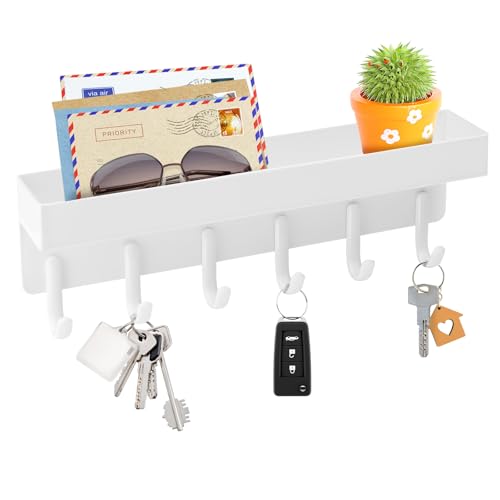 VIS'V Key Holder Wall Mount, Adhesive Key Rack with Tray, 6 Hooks, White | 2 Mount Options, Compact Discreet Design, Suitable for Entryway, Hallway, Doorway, Kitchen, Garage, Camper - color: White
