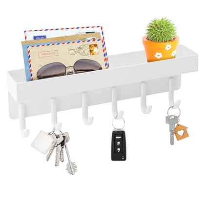 VIS'V Key Holder Wall Mount, Adhesive Key Rack with Tray, 6 Hooks, White | 2 Mount Options, Compact Discreet Design, Suitable for Entryway, Hallway, Doorway, Kitchen, Garage, Camper - color: White