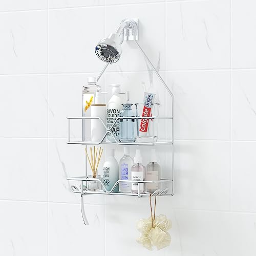TreeLen Rustproof Shower Caddy, Hanging, Stainless Steel, 4 Hooks, 2 Shelves, Non-Slip - color: Silver