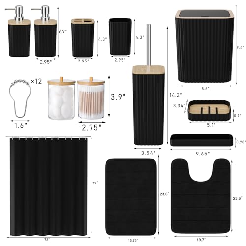 XLHOMO Bathroom Set - 25PC Black Bathroom Set with Shower Curtain and Rugs, Bathroom Accessories Set, Black Shower Curtain Set with Bathroom Trash Can - size: Bath Set+Shower Curtain+Rugs, style: Black