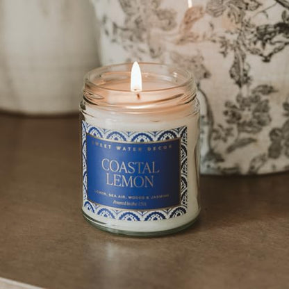 Sweet Water Decor Coastal Lemon Non Toxic Candle – Soy Candle with Lemon, Sea Salt, Woods, Jasmine Aroma – 40 Hour Burn – 9oz Clear Glass Jar – Fresh Mediterranean Home Fragrance - style: Coastal Lemon