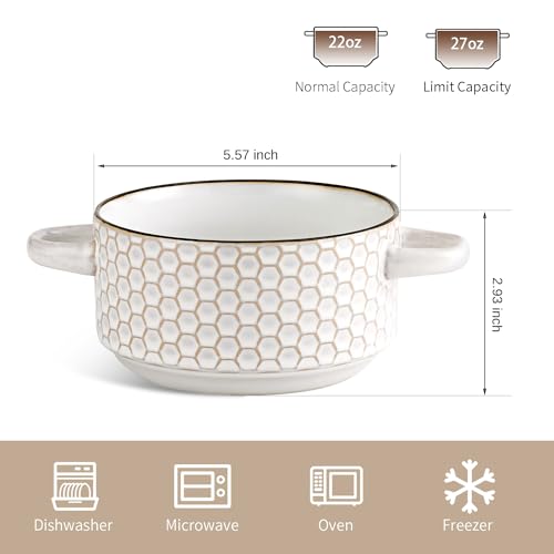 Ceramic Soup Bowls Set - 27 Oz French Onion Soup Crocks with Handles | Embossed Stoneware Bowls for Soup Cereal Beef Stew Chili - Microwave Dishwasher Oven Safe - Set of 4 - color: White