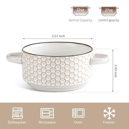Ceramic Soup Bowls Set - 27 Oz French Onion Soup Crocks with Handles | Embossed Stoneware Bowls for Soup Cereal Beef Stew Chili - Microwave Dishwasher Oven Safe - Set of 4 - color: White