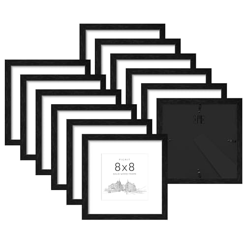 8x8 Solid Wood Frame Set of 12, Black Wood Grain Gallery Wall | Fits 5x5 Photos With Mat or 8x8 Without Mat, Black Backboard, Square Gallery Wall Decor, Tabletop Display, Easy Opening - color: Black Wood Grain, size: 8x8" (12 Pack)