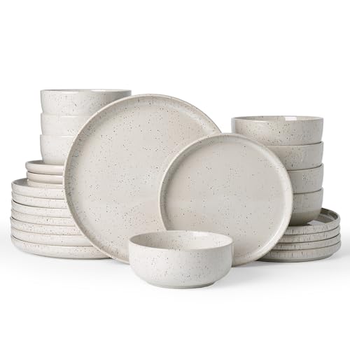 Famiware Meteor 24-Piece Stoneware Dinnerware Set, Creamy White | Plates and Bowls for 8, Reactive Glaze with Speckles & Circles, Microwave/Dishwasher Safe, Chip/Scratch Resistant - color: Creamy White, size: Service for 8 (Standard Dinner Set)