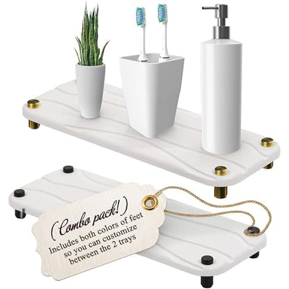 Stone Drying Tray, Diatomite Sink Caddy, White w Gold & Blk Feet | Kitchen Sink Organizer, Water Absorbing Bathroom Counter Mat, Absorbent Kitchen Soap Tray - color: White & Gold