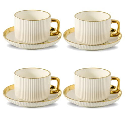 LETAOTAO Cappuccino Cups with Saucers, 8oz Ceramic Coffee Cups with Saucers Set, Latte Art Coffee Mugs with Gold Trim, Tea Cups Set of 4, British/Italian Coffee cups for Cafe Mocha, Double Espresso - size: 8 Ounces