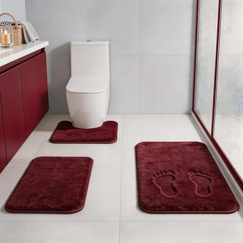 RUN HELIX Bathroom Rugs Sets 3 Piece, Soft Absorbent Memory Foam Bath Mats Set, Dry Fast Bath Mat, Machine Washable Bath Rug Set for Bathroom （Maroon） - color: Maroon