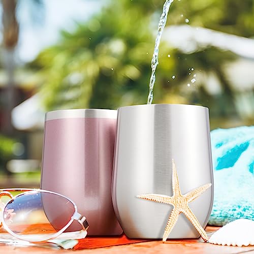 COMOOO Rose Gold Stainless Steel Wine Tumbler Bulk with Lid and Straw 12oz Double Wall Vacuum Insulated Tumbler Cup Stemless for Hot and Cold Drinks, Coffee, Wine, Cocktails Rose gold, 8 Pack - color: Rose Gold