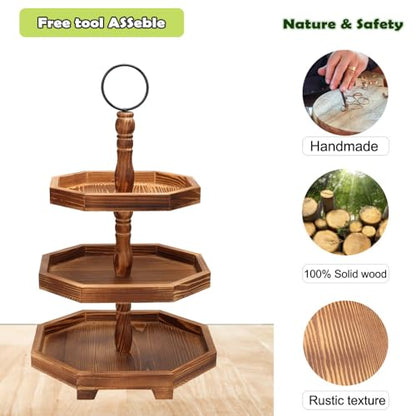 MRPAPA Tiered Tray Stand Wood Tier Serving Tray, Three Decorative Trays, Wooden Cupcake Stand 3 Tiered Farmhouse Trays for Home Decor(L 13.8” W 12.5” H 21.8”)