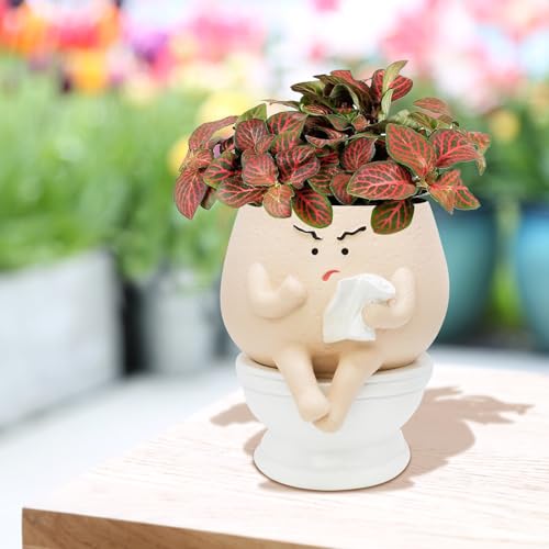 Funny Toilet Plant Pot Self Watering Face Planter for Indoor Plants | Quirky Succulent Flower Pots with Drainage Hole, Home Garden Decor Gift for Women Friends Family on Christmas Birthday