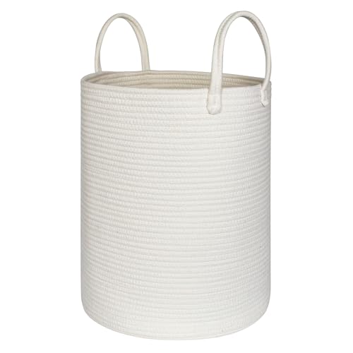 Large White Laundry Basket, 15"x18" Tall Blanket Storage Living Room, XL Cotton Rope Toy Bin for Organizing, Wicker Woven Baby Nursery Laundry Hamper with Handle, White Room Decor Aesthetic - color: White, size: 15"D x 18"H