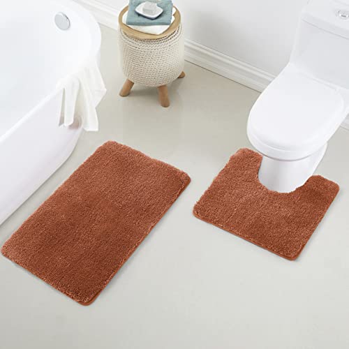 YHF Bathroom Rug Set 2Piece, Thick &Soft Microfiber Shaggy, U Shaped Contour, Machine Washable Bath Mats, Absorbent Bath Rugs, Non-Slip Rubber Backing Bath Mat for Bathroom Floor, Tub and Shower,Rust - color: Rust, size: 2 Piece: 20" X 20" + 20" X 32" (Re