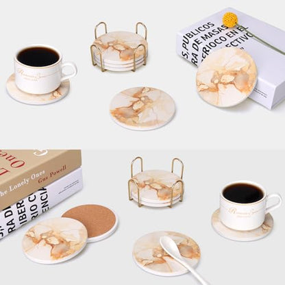 6 Pcs Gold Marble Abstract Ceramic Coasters with Holder Best Round Drink Absorbent Coaster for Desk, Lounge, Coffee Table, Wine, Beverage, Bar Coasters Set - color: Gold
